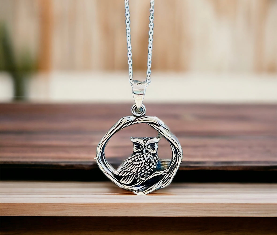 Sterling Silver Owl & Branch Necklace