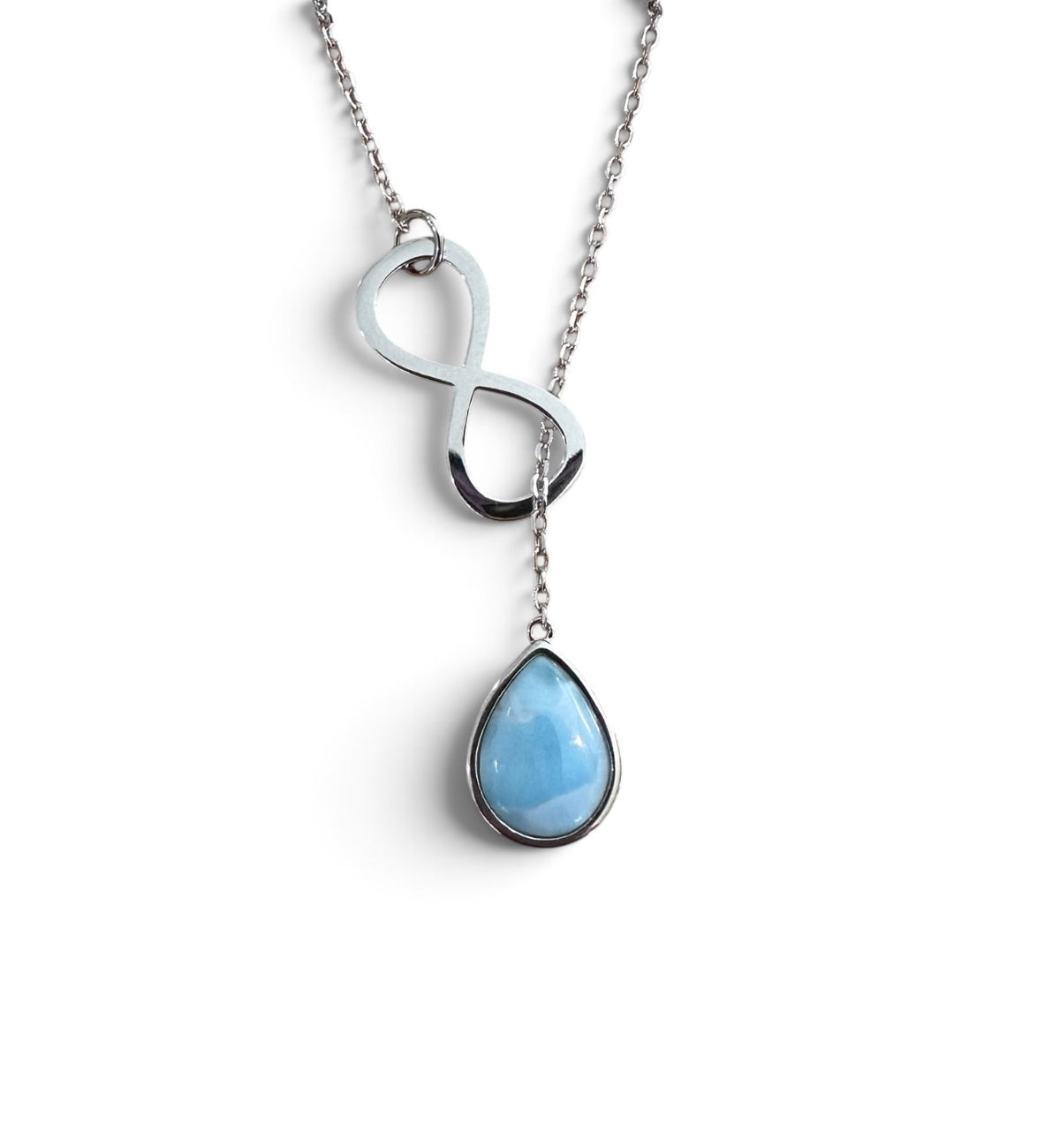 Sterling Silver Genuine Larimar Stone Lariat Infinity Necklace
