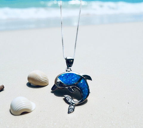 Sterling Silver Fire Opal Dolphin Pendant Necklace