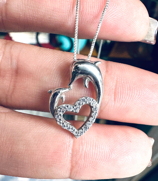 Sterling Silver Mama & Baby Dolphin CZ Heart Pendant Necklace