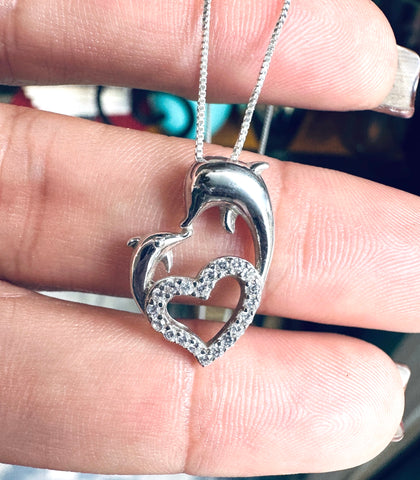 Sterling Silver Mama & Baby Dolphin CZ Heart Pendant Necklace