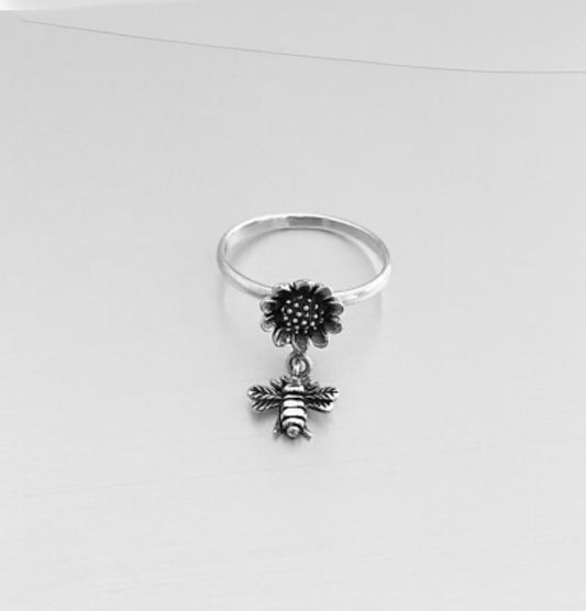 Sterling Silver Sunflower Bumblebee Charm Ring