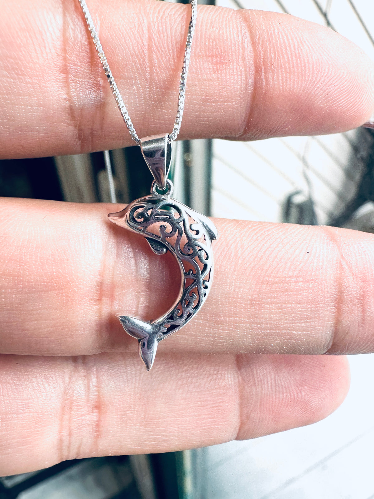 Sterling Silver Filigree Dolphin Pendant Necklace