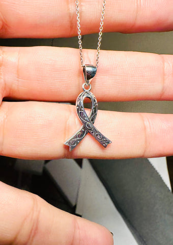 Sterling Silver Breast Cancer Awareness Ribbon Pendant Necklace