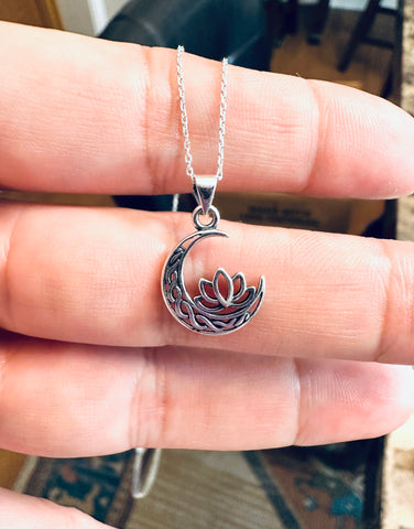 Sterling Silver Crescent Moon & Lotus Flower Pendant Necklace