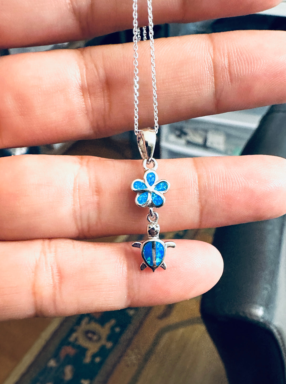 Sterling Silver Fire Opal Sea Turtle & Plumeria Necklace