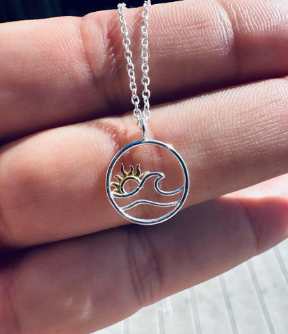 Sterling Silver Two Tone Mini Sun & Wave Necklace