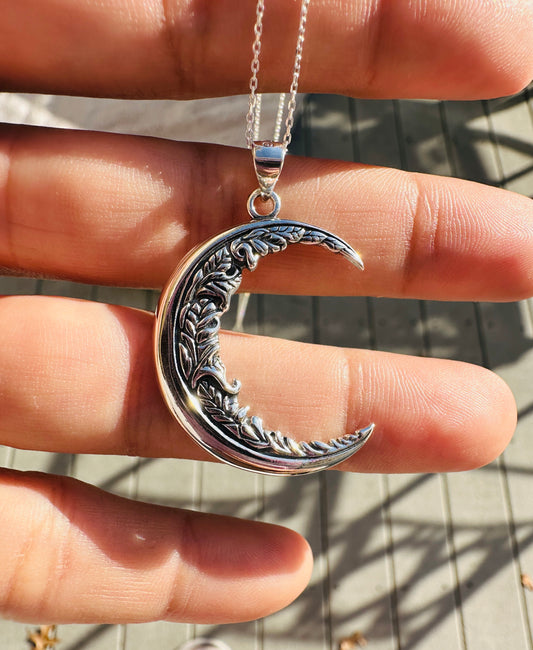 Sterling Silver Large Crescent Moon & Vines Necklace