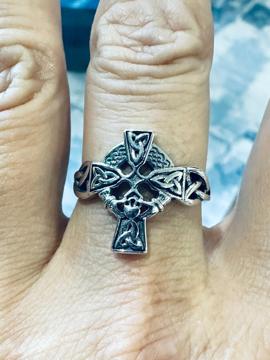 Sterling Silver Celtic Claddagh Cross Ring