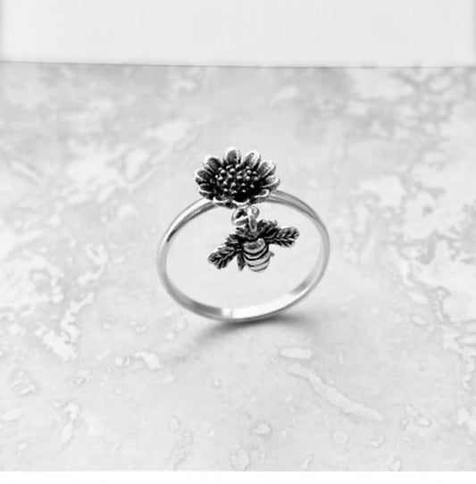 Sterling Silver Sunflower Bumblebee Charm Ring