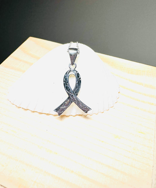 Sterling Silver Breast Cancer Awareness Ribbon Pendant Necklace