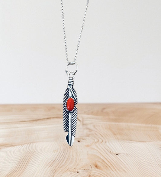 Sterling Silver Coral Feather Necklace