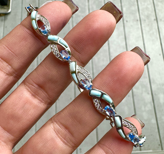 Sterling Silver Genuine Larimar & Tanzanite Stone Tennis Bracelet