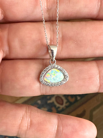 Sterling Silver Small Opal & CZ Halo Pendant Necklace