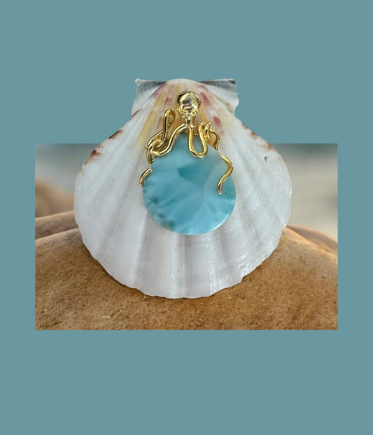 Sterling Silver 14K GP Larimar Stone Octopus Pendant