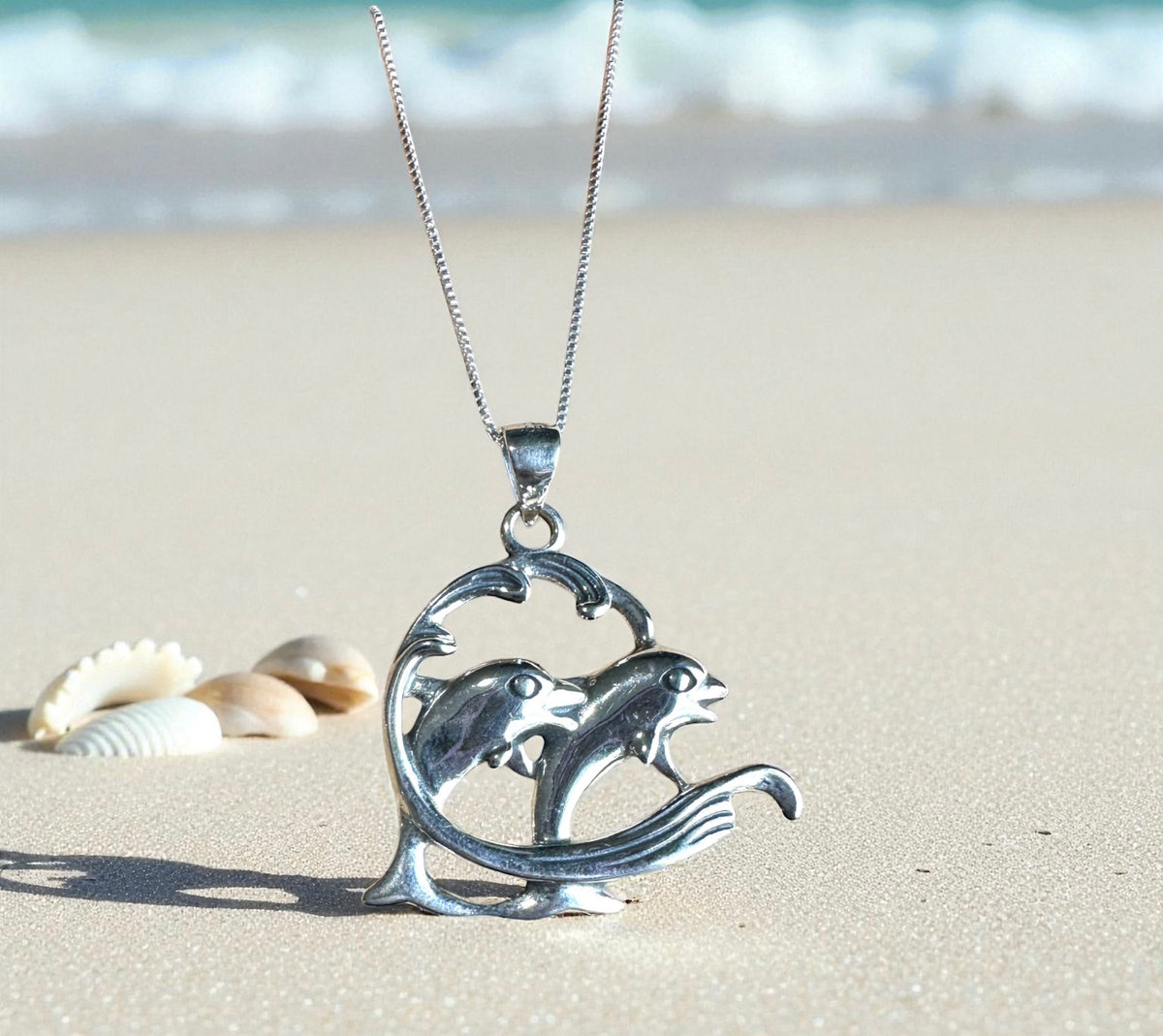 Sterling Silver Double Dolphin Pendant Necklace