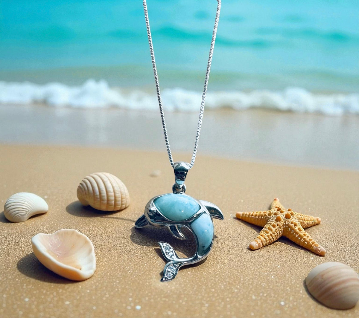 Sterling Silver Genuine Larimar Stone Dolphin Necklace