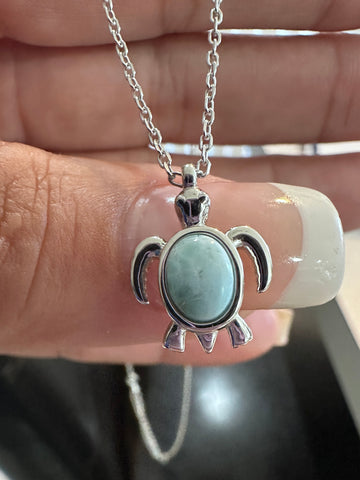 Sterling Silver Mini Solid Larimar Stone Sea Turtle Pendant Necklace