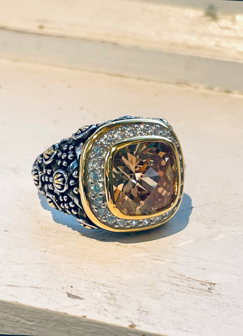 Sterling Silver Large Champagne Quarts Stone Two Tone Statement Ring