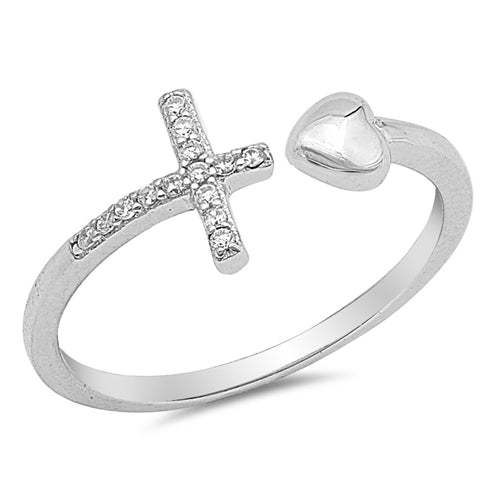 Sterling Silver CZ Cross & Heart Adjustable Ring
