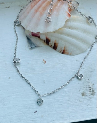 Sterling Silver Dangling CZ Hearts Ankle Bracelet