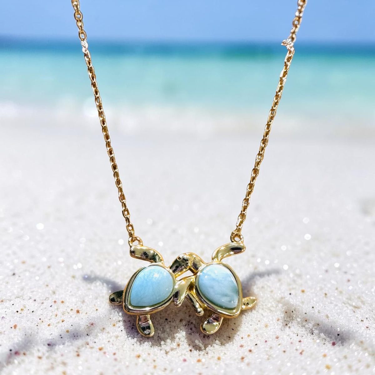 Sterling Silver 18K GP Larimar Double Sea Turtle Adjustable Necklace