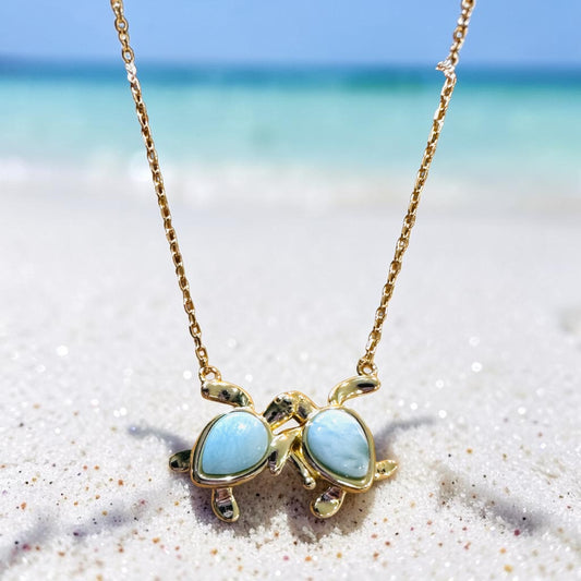 Sterling Silver 18K GP Larimar Double Sea Turtle Adjustable Necklace