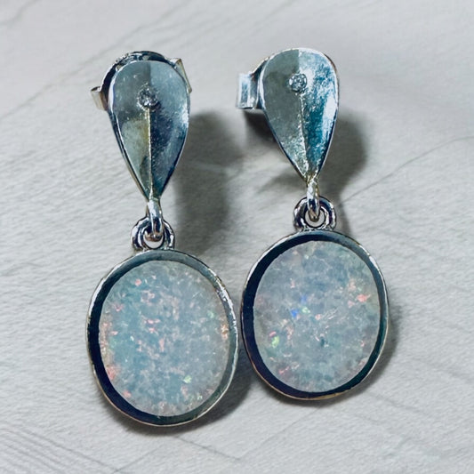 Sterling Silver White Opal Dangle Post Earrings