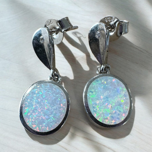 Sterling Silver White Opal Dangle Post Earrings
