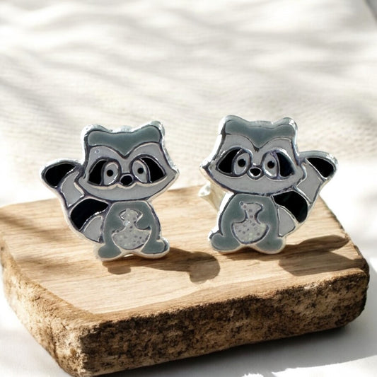 Sterling Silver Kids Raccoon Stud Earrings