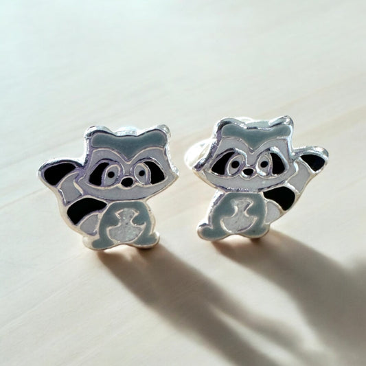 Sterling Silver Kids Raccoon Stud Earrings