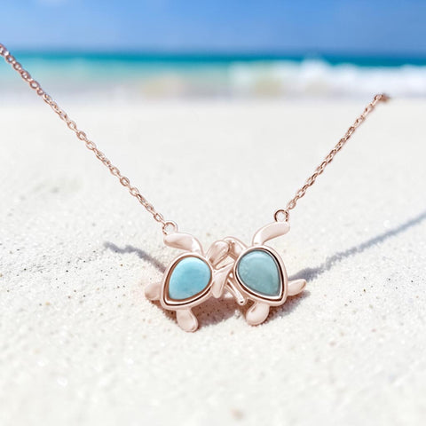 Sterling Silver 18K GP Larimar Double Sea Turtle Adjustable Necklace