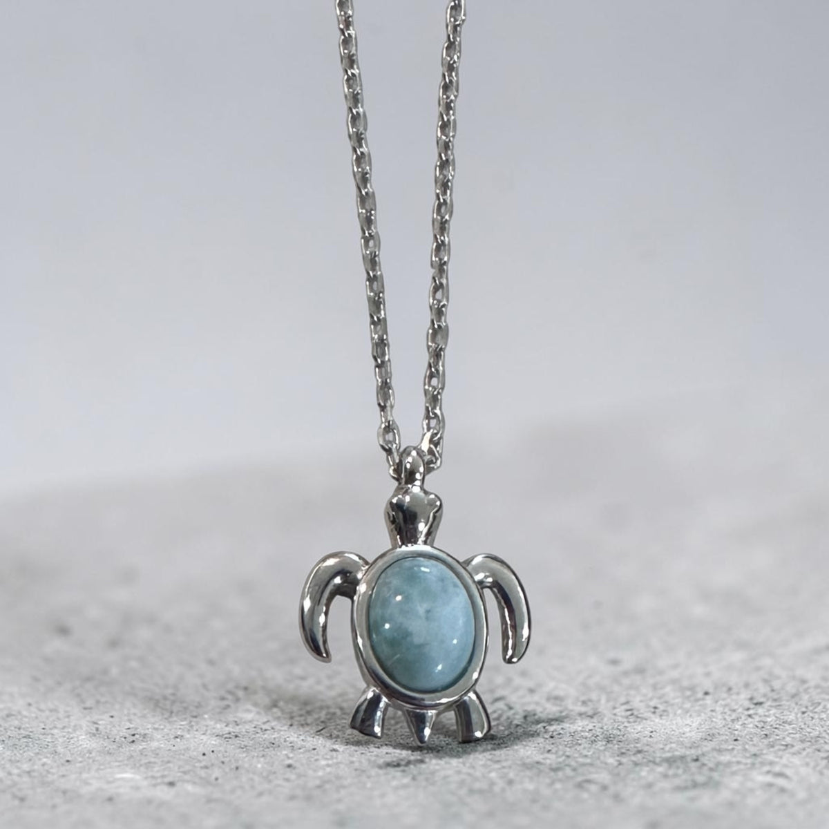 Sterling Silver Mini Solid Larimar Stone Sea Turtle Pendant Necklace