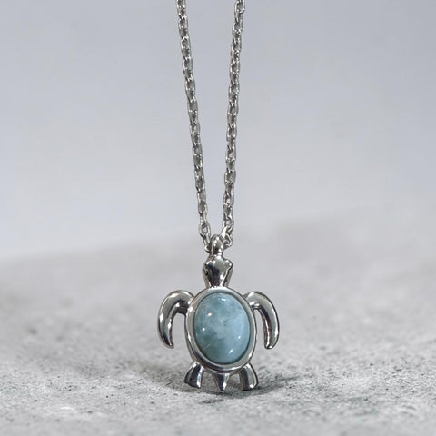 Sterling Silver Mini Solid Larimar Stone Sea Turtle Pendant Necklace
