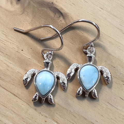 Sterling Silver Genuine Larimar Stone Sea Turtle Earrings