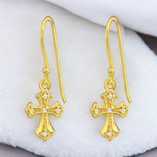 Sterling Silver 14K GP Dangle Cross Earrings