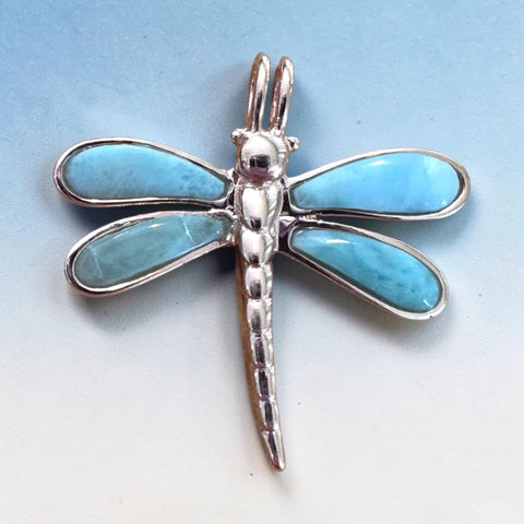 Sterling Silver 14K Rose GP Genuine Larimar Stone Dragonfly Pendant
