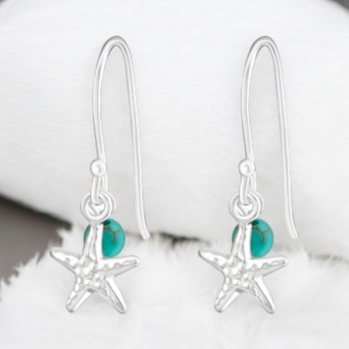 Sterling Silver Starfish Turquoise Bead  Dangle Earrings