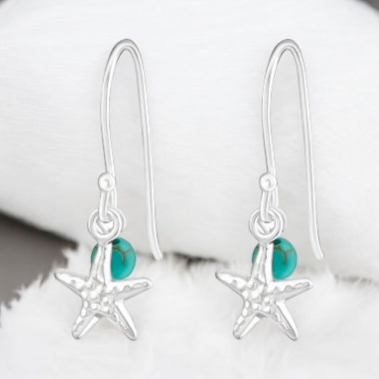Sterling Silver Starfish Turquoise Bead  Dangle Earrings