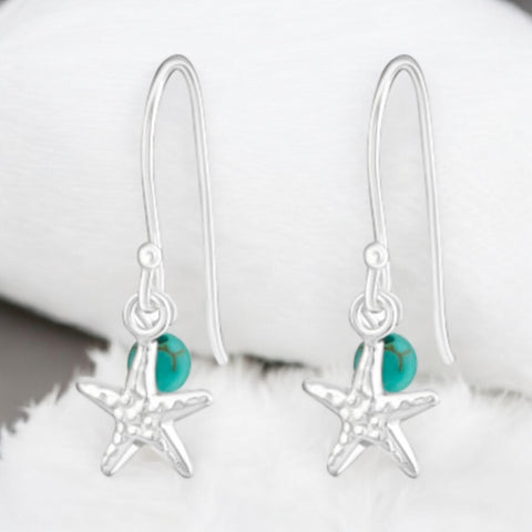 Sterling Silver Starfish Turquoise Bead  Dangle Earrings