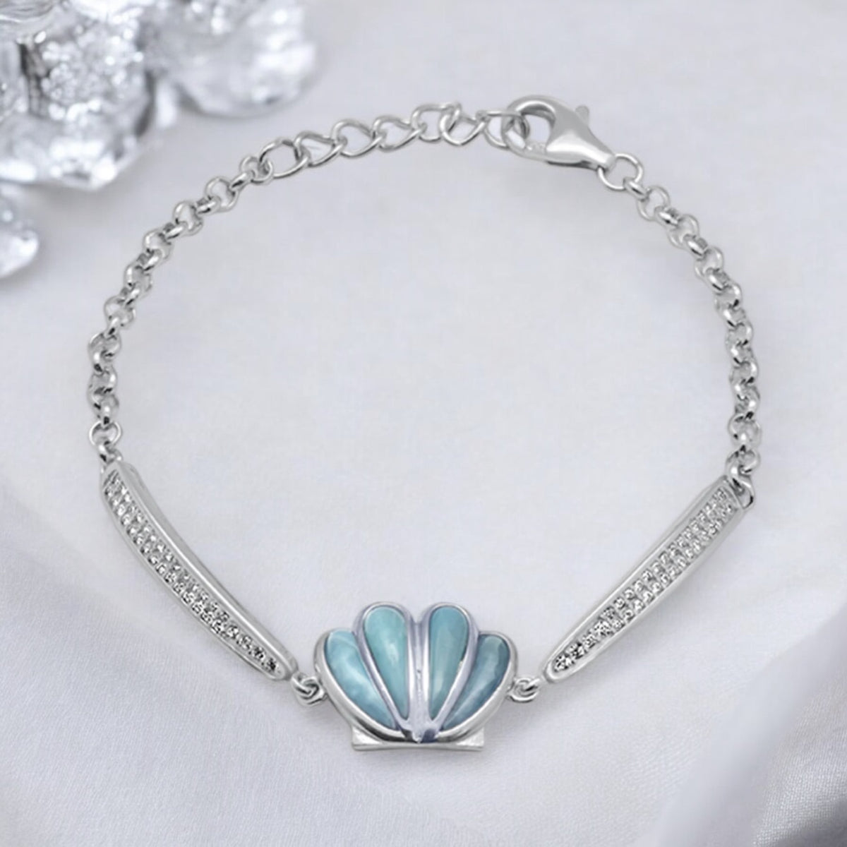 Sterling Silver Genuine Larimar Stone Shell Bracelet
