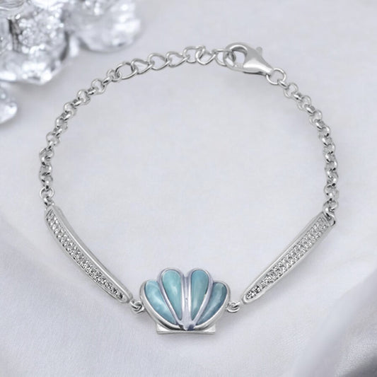 Sterling Silver Genuine Larimar Stone Shell Bracelet