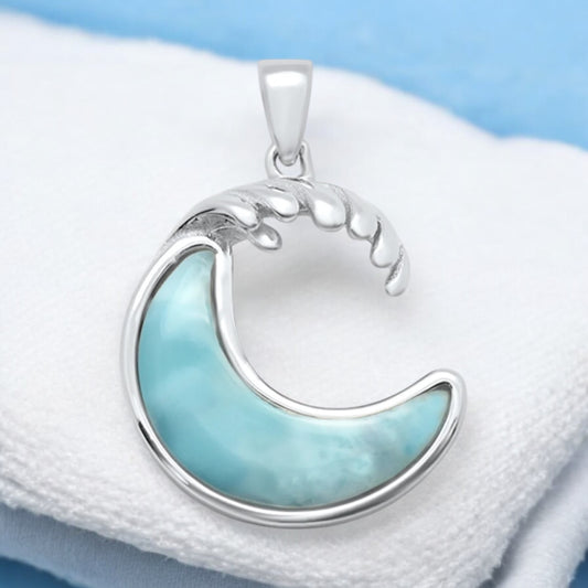 Sterling Silver Genuine Larimar Stone Wave Pendant