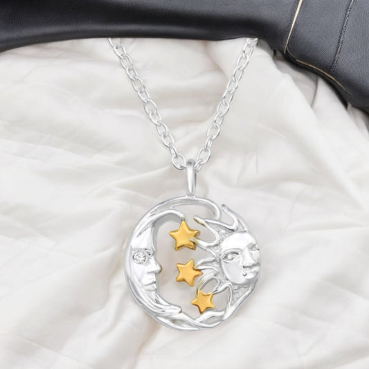 Sterling Silver Two Tone Mini Sun, Moon & Stars Necklace