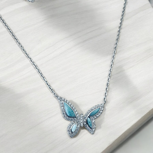Sterling Silver Genuine Larimar Stone Butterfly Necklace