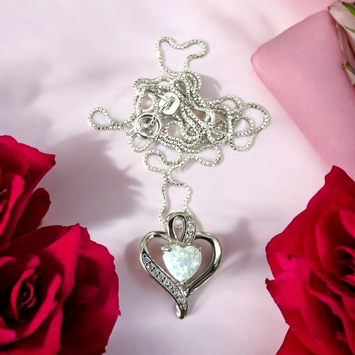 Sterling Silver Opal Heart Necklace