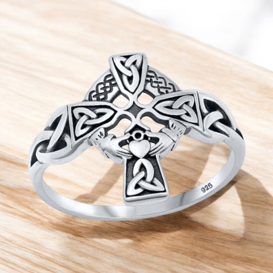 Sterling Silver Celtic Claddagh Cross Ring