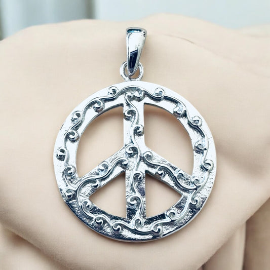 Sterling Silver Large Solid Scrolled Peace Sign Pendant