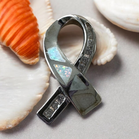 Sterling Silver Blue Opal Breast Cancer Ribbon Pendant
