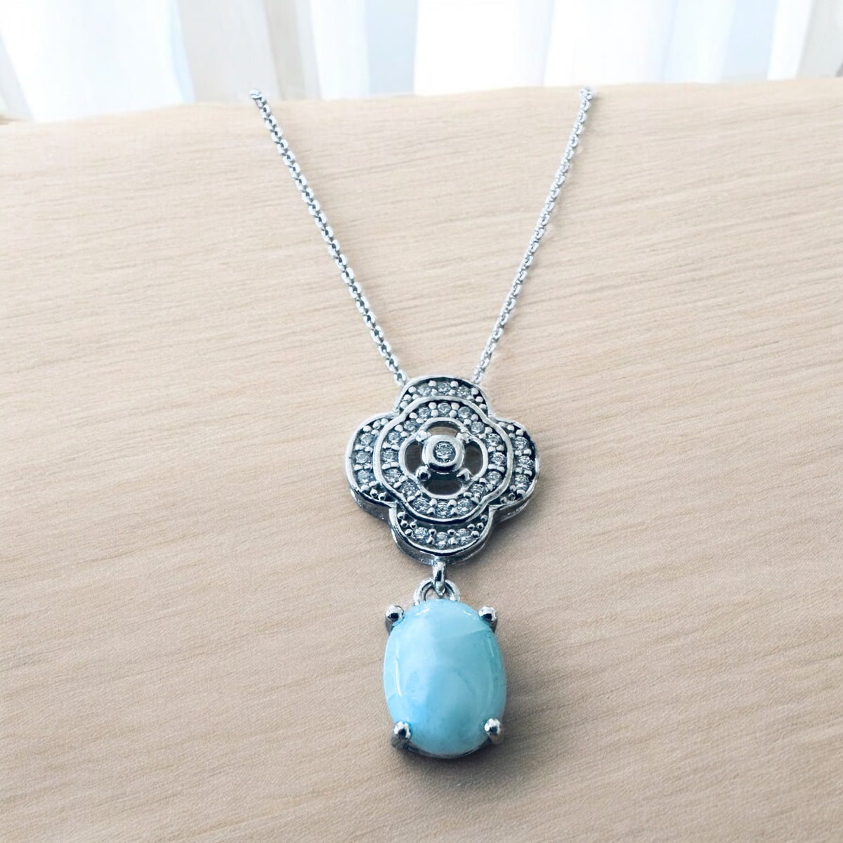 Sterling Silver Genuine Larimar Stone Pendant Necklace